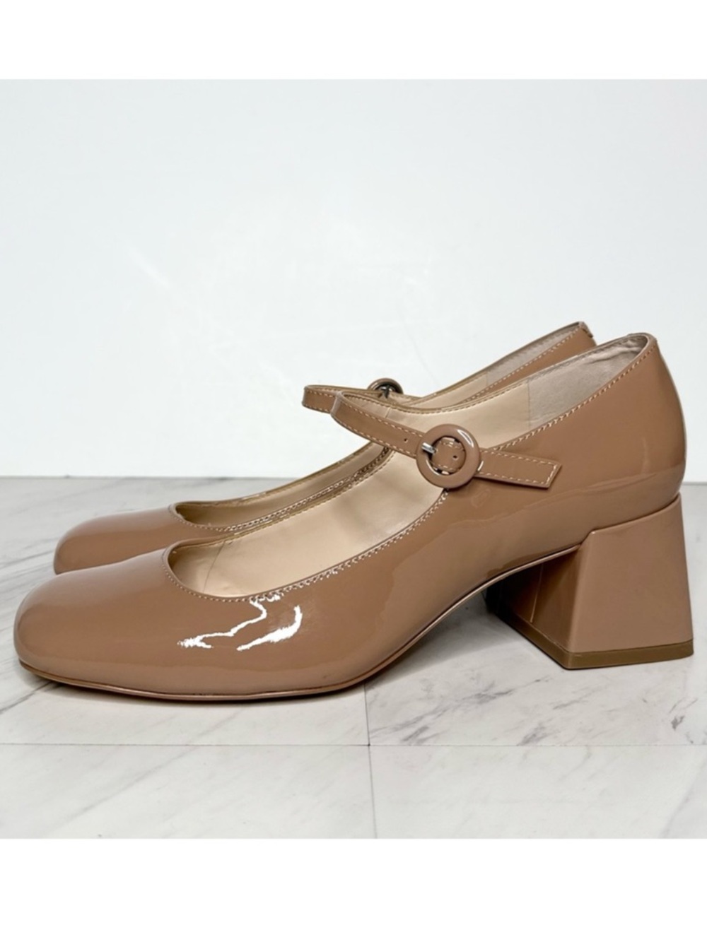 Marc Fisher Nessily Tan Patent Block Heel Mary Jane Pump 9M